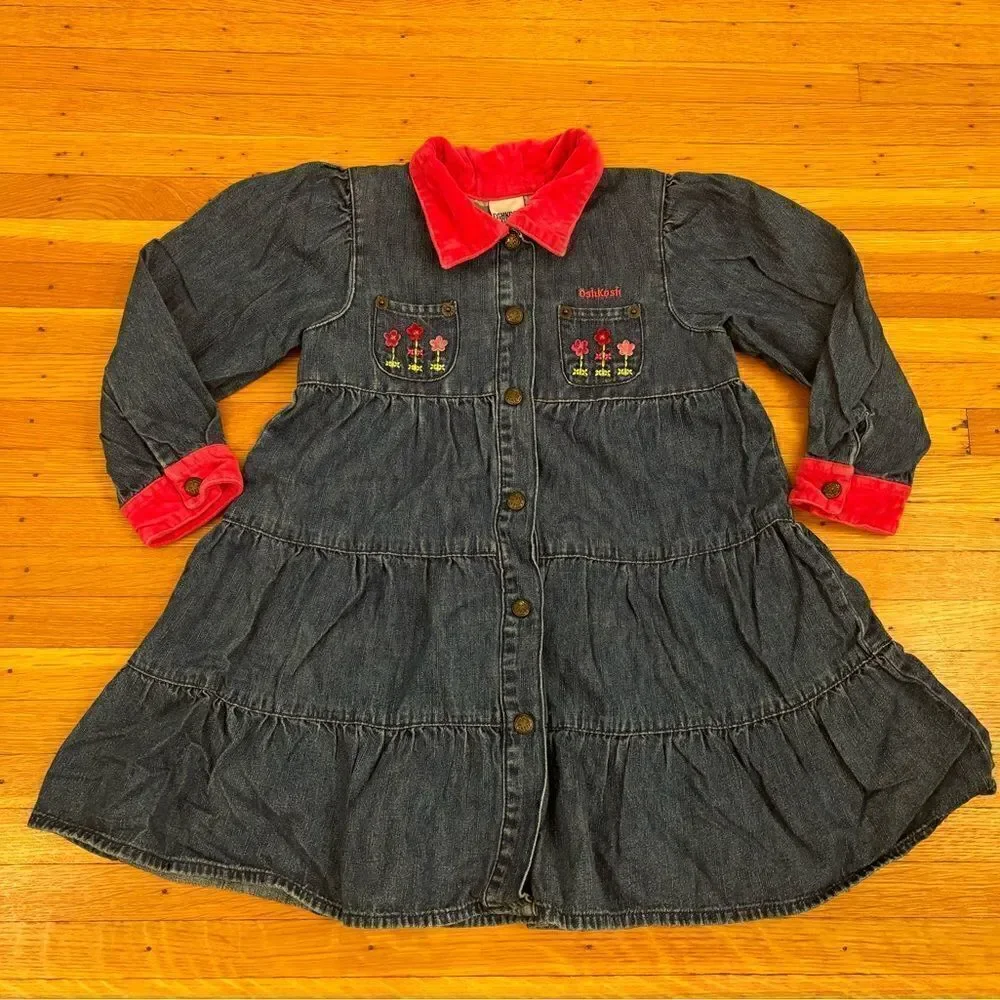 Osh Kosh B’Gosh Vintage denim tiered embroidered long sleeve dress